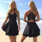 Robe de bal chic courte en mousseline à volants et col en V, bretelles spaghetti