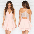 Robe de bal chic courte en mousseline à volants et col en V, bretelles spaghetti