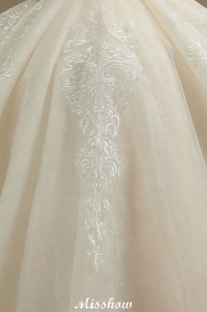 Chic Short Sleeves Tulle Lace Appliques Bridal Gown Spring Garden Wedding Dress