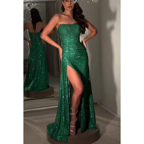 Chic Side slit Off-Shoulder Sleeveless Sequins Evening Party Prom Dress