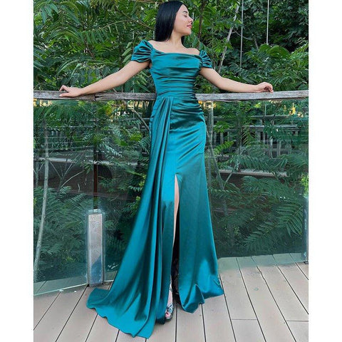 Chic Simple Off-shoulder Pleats Blue Long Prom Dress with Train