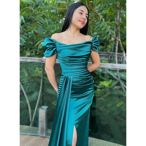 Chic Simple Off-shoulder Pleats Blue Long Prom Dress with Train