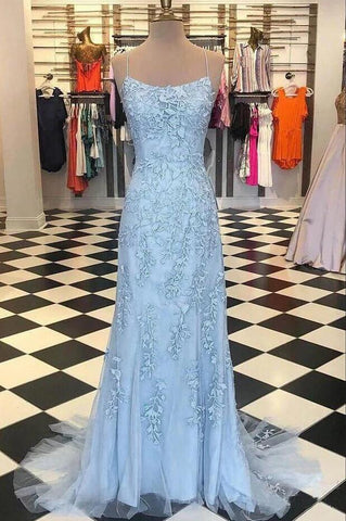 Chic Sky Blue Spaghetti-Straps Lace Applique Simple Long Prom Dresses