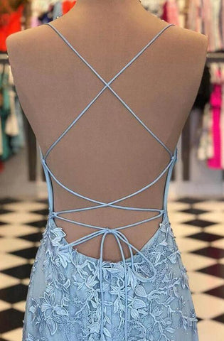Chic Sky Blue Spaghetti-Straps Lace Applique Simple Long Prom Dresses