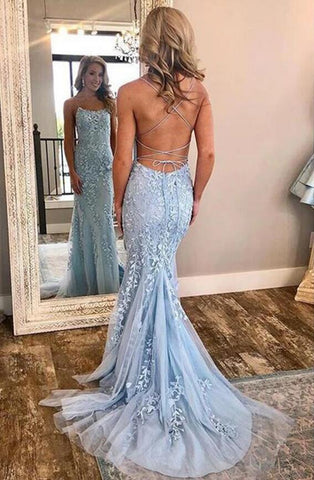 Chic Sky Blue Spaghetti-Straps Lace Applique Simple Long Prom Dresses