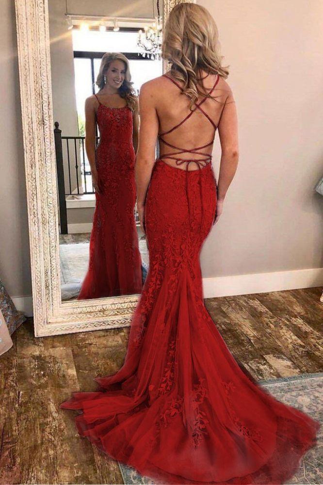 Chic Sky Blue Spaghetti-Straps Lace Applique Simple Long Prom Dresses