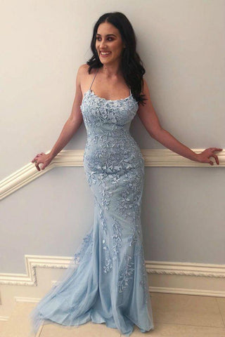 Chic Sky Blue Spaghetti-Straps Lace Applique Simple Long Prom Dresses