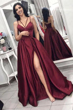 Chic Sleeveless Front Split Prom Gown Burgundy Evening Gowns Spaghetti-Straps A-Line Evening Party Gowns