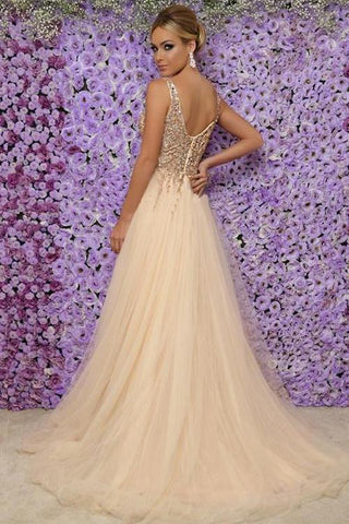 Vestidos de noche largos y elegantes sin mangas con escote en V, tul, cristales y abertura.