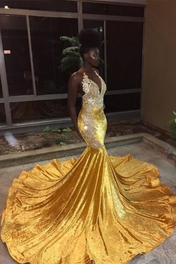 Chic Sleeveless V-Neck Mermaid Appliques Yellow Formal Dresses