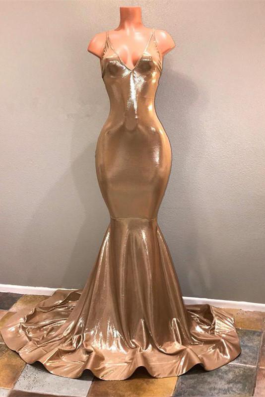 Chic Spaghetti-Straps Gold Prom Dress, Sleeveless Formal Dresses