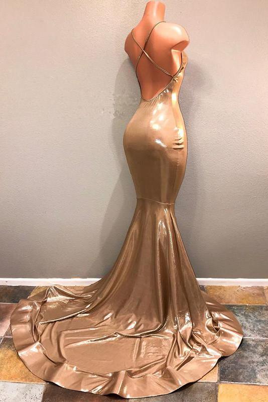 Chic Spaghetti-Straps Gold Prom Dress, Sleeveless Formal Dresses