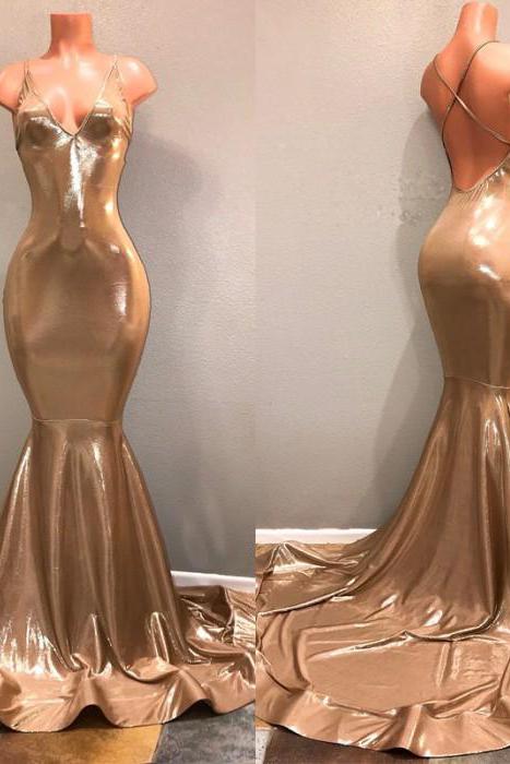 Chic Spaghetti-Straps Gold Prom Dress, Sleeveless Formal Dresses