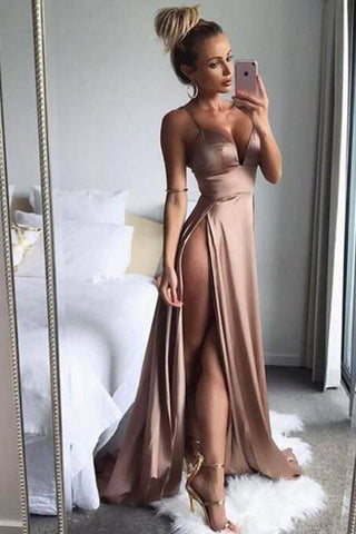 Vestidos largos de fiesta con tirantes finos y abertura lateral. Vestidos de fiesta para mujer.