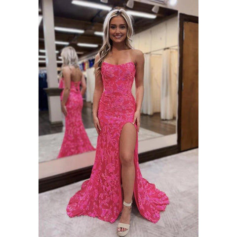 Robe de soirée fourreau trompette chic et scintillante, épaules dénudées, sans manches, fente latérale