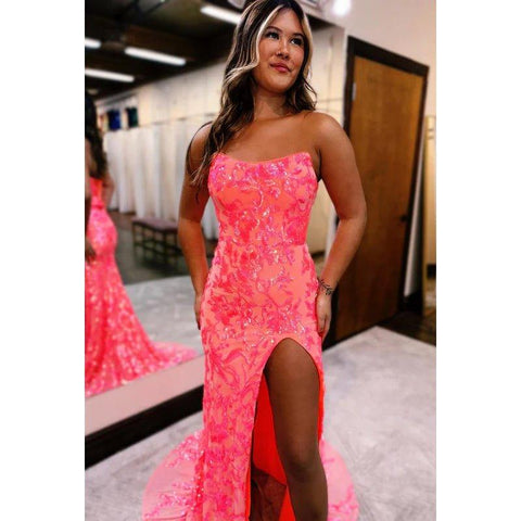 Robe de soirée fourreau trompette chic et scintillante, épaules dénudées, sans manches, fente latérale