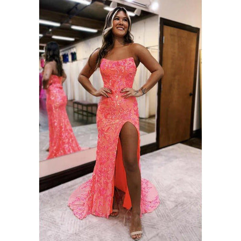 Robe de soirée fourreau trompette chic et scintillante, épaules dénudées, sans manches, fente latérale