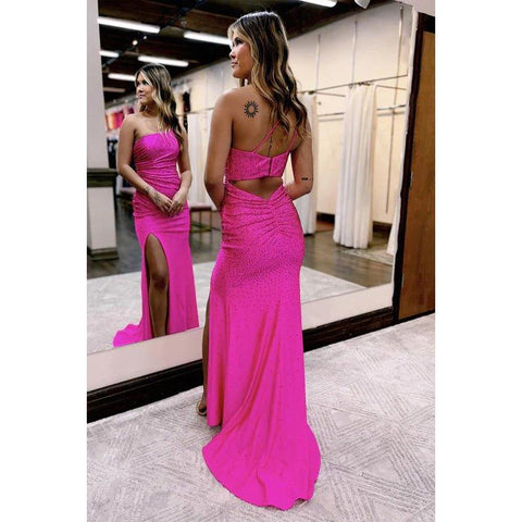 Chic Sparkly One Shoulder Sleeveless Slit Sequis Party Prom Dress