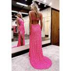Chic Sparkly V-neck Sltraps Sheath Side Slit Sequins Evening Party Prom Dress