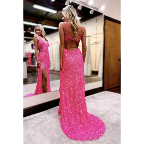 Chic Sparkly V-neck Sltraps Sheath Side Slit Sequins Evening Party Prom Dress