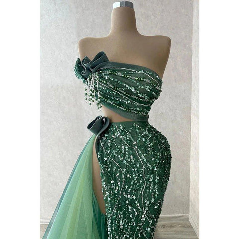 Chic Straples Sparkly Beaded Tulle Long Prom Dress Evening Gown