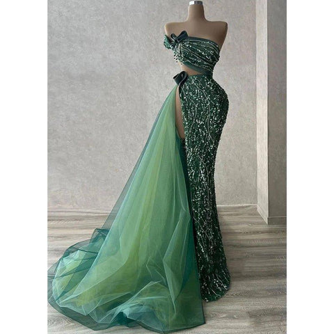 Chic Straples Sparkly Beaded Tulle Long Prom Dress Evening Gown