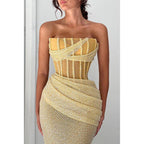 Chic Strapless Beaded Embroidery Pleats Sheer Long Prom Evening Dress