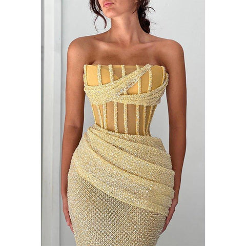 Chic Strapless Beaded Embroidery Pleats Sheer Long Prom Evening Dress