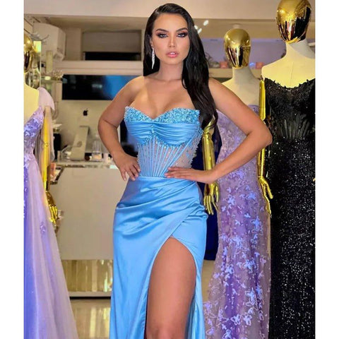 Chic Strapless Beaded Illusion Blue Long Prom Evening Gowns with Split