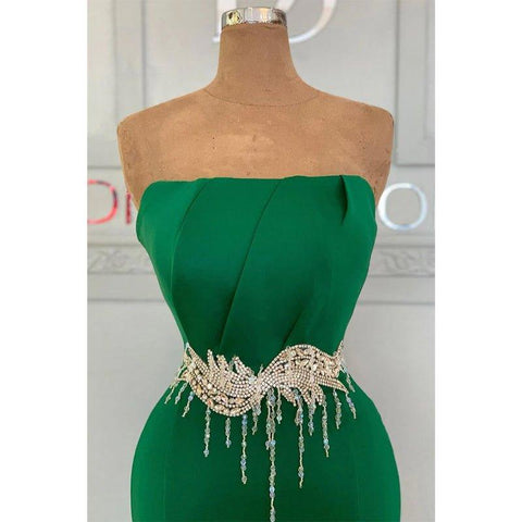 Chic Strapless Green Satin Pleats Mermaid Long Formal Evening Gowns