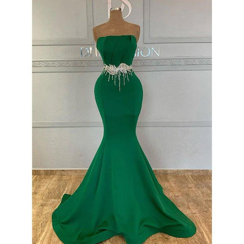 Chic Strapless Green Satin Pleats Mermaid Long Formal Evening Gowns