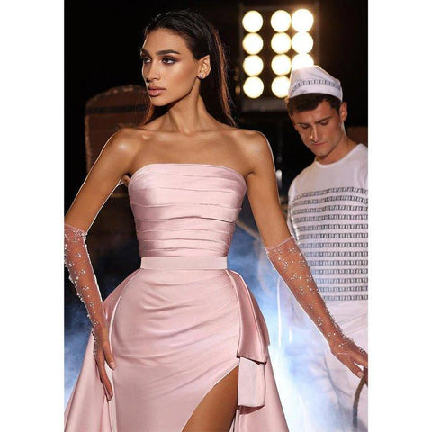 Chic Strapless Pink Satin Pleats Long Mermaid Prom Party Dress
