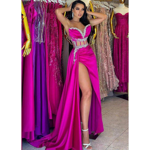 Chic Sweetheart Beaded Illusion Pleats Prom Dress Evening Gowns with Split