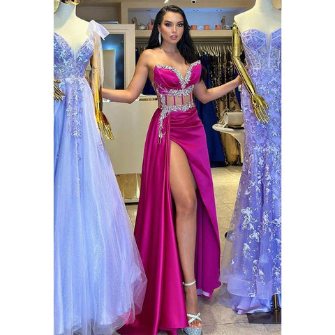 Chic Sweetheart Beaded Illusion Pleats Prom Dress Evening Gowns with Split