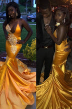 Chic V-Neck Appliques Spaghetti-Strapss Mermaid Lace Prom Dresses