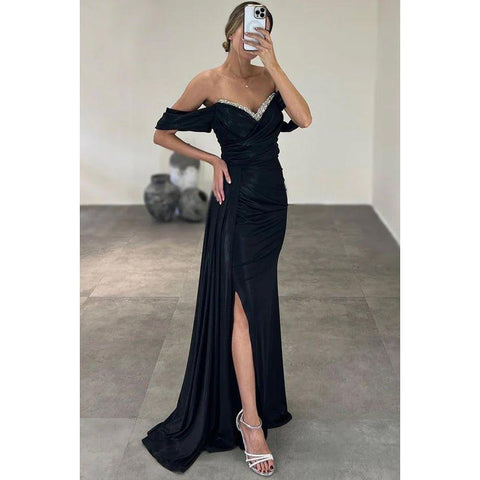 Chic V-Neck Cap Sleeves Sheath Side Slit Formal Prom Dress