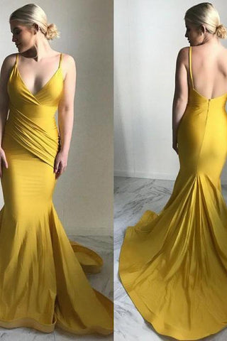 Vestidos de fiesta de noche elegantes con escote en V, nueva colección, estilo sirena, color amarillo.