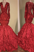 Chic V-Neck Gorgeous Appliques Fit and Flare Floral Party Dresses Chic Long Sleevess Luxurious Scarlet Dress for Prom
