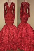 Chic V-Neck Gorgeous Appliques Fit and Flare Floral Party Dresses Chic Long Sleevess Luxurious Scarlet Dress for Prom