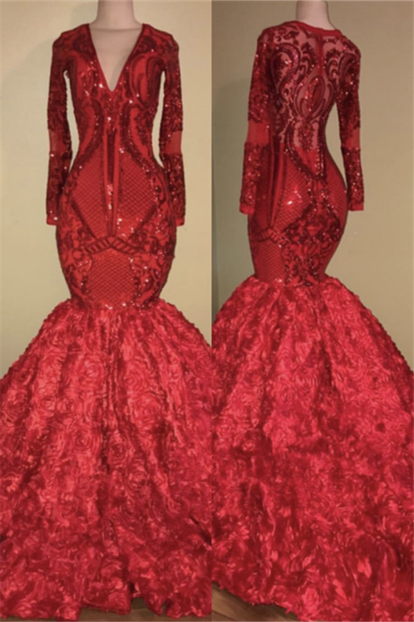 Chic V-Neck Gorgeous Appliques Fit and Flare Floral Party Dresses Chic Long Sleevess Luxurious Scarlet Dress for Prom