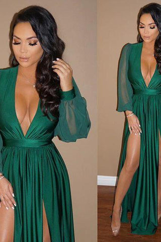 Chic V-Neck Long Sleevess Formal DressesGreen Split Long Evening Gowns