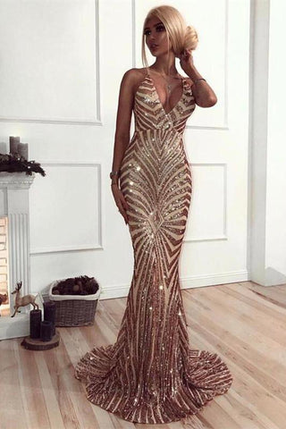 Chic V-Neck Mermaid Party Dresses Sequins Long Evening Party Gowns
