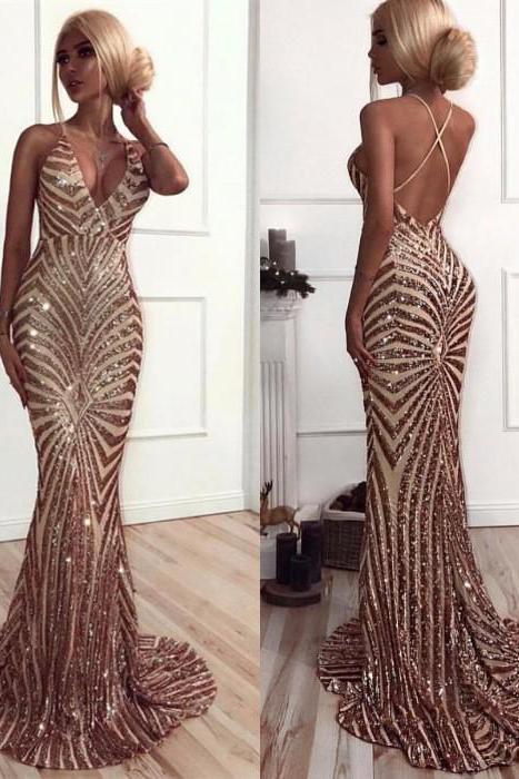 Chic V-Neck Mermaid Party Dresses Sequins Long Evening Party Gowns