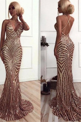 Chic V-Neck Mermaid Party Dresses Sequins Long Evening Party Gowns