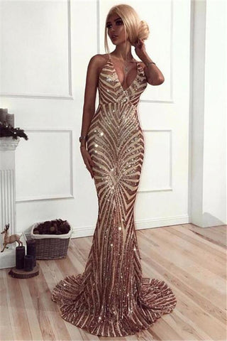 Chic V-Neck Mermaid Party Dresses Sequins Long Evening Party Gowns