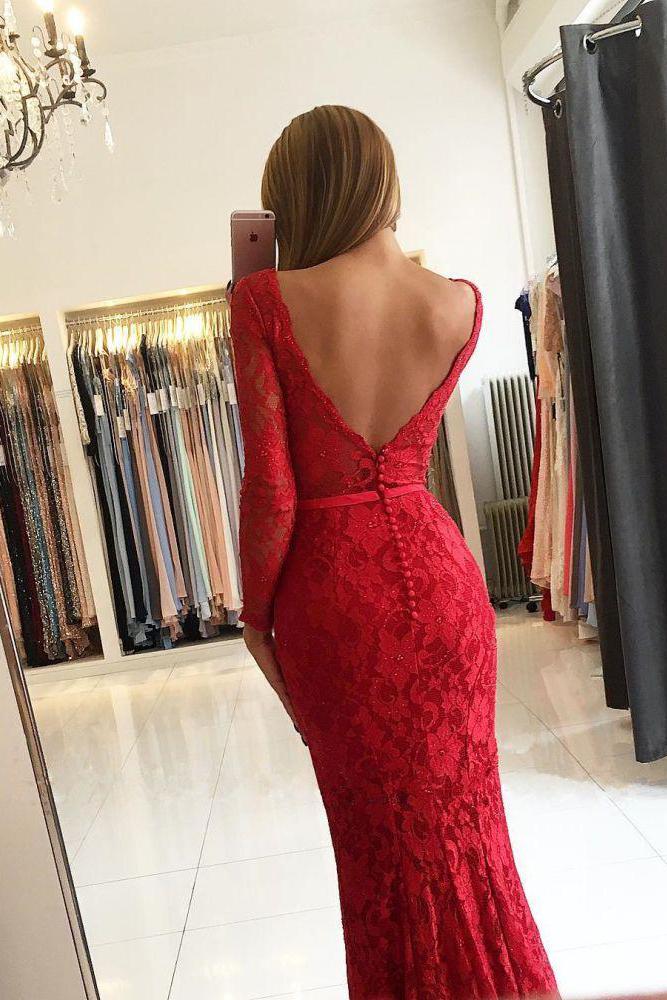 Chic V-Neck Open Back Scarlet Lace Evening Dresses Chic Long Sleevess Fit and Flare  Prom Dresses