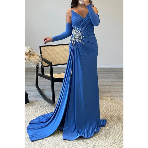 Chic V-neck Strapless Beaded Pleats Blue Long Prom Dress Evening Gown