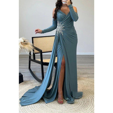 Chic V-neck Strapless Beaded Pleats Blue Long Prom Dress Evening Gown