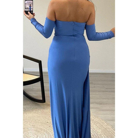 Chic V-neck Strapless Beaded Pleats Blue Long Prom Dress Evening Gown
