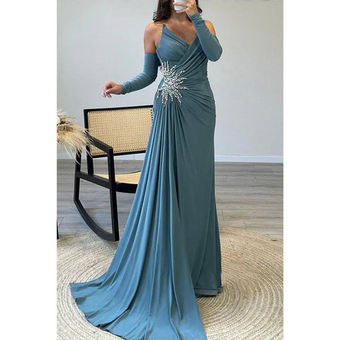 Chic V-neck Strapless Beaded Pleats Blue Long Prom Dress Evening Gown